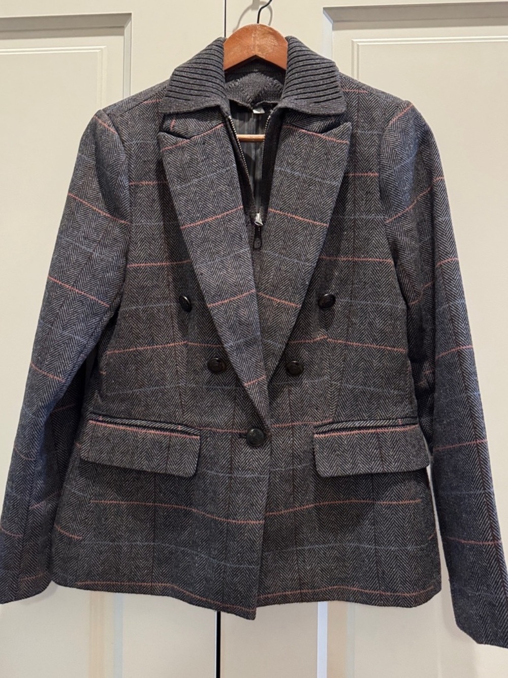EVEREVE Gray Plaid Blazer Dickey jacket w/charcoal gray knit Dickey Insert sz S